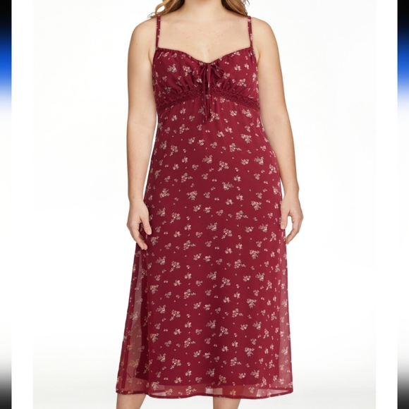 NO BOUNDARIES Cottagecore Dress LARGE Floral Wine Semi-Sheer Y2K Vibe Lace Trim - Picture 1 of 16